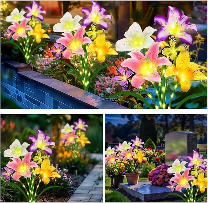 Solar Garden Lights 4 Pack 16 Lily Flowers with Butterfly Decor, Gifts for Mom Woman Mothers Day Birthday Solar Flower Lights for Outside - Decorative Lilies for Yard, Patio, Pathway