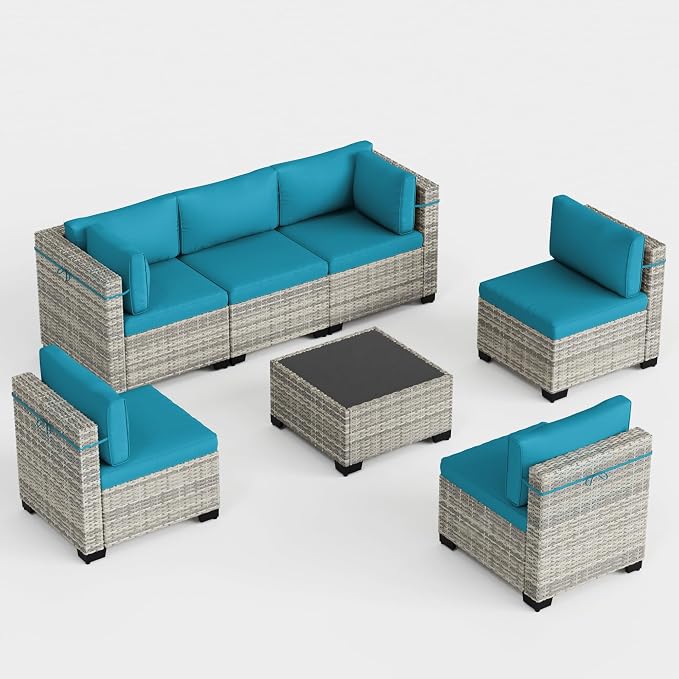 7-Piece Outdoor Patio Furniture Set, PE Wicker Rattan Sectional Sofa Conversation Set with Tempered Glass Table & Thick Cushions - All-Weather Garden, Backyard Furniture, Turquoise