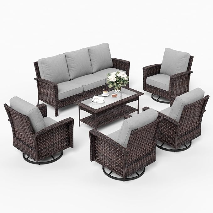 SUNSHINE VALLEY Patio Furniture Set with Swivel Chairs, High Back Wicker Rattan Furniture with 5.5" Thick Cushions and Coffee Table, Outdoor Conversation Set for Backyard Deck,7 Seats, Grey