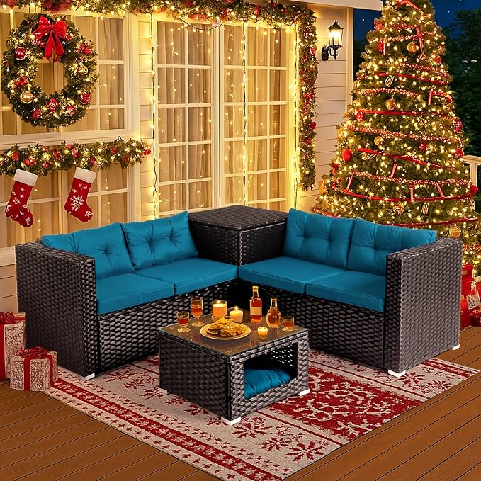 Outvita 4 Piece Outdoor Patio Furniture Set, PE Rattan Conversation Sofa Set, Wicker All-Weather Outside Furniture w/Glass Top Coffee Table with Pet Ped & Hidden Storage for Garden, Balcony (Black)
