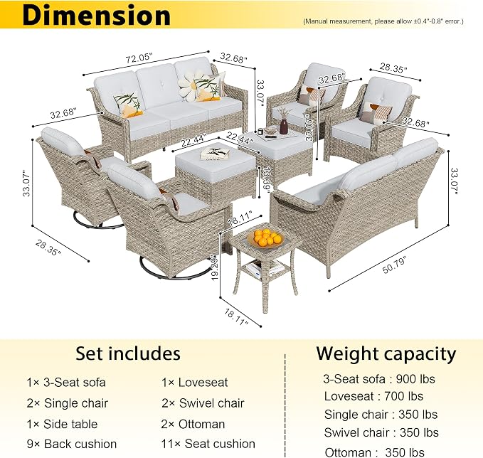 HOOOWOOO 9 Piece Patio Furniture Conversation Sets with Swivel Rocking Chairs,Outdoor Wicker Furniture with Ottoman,All Weather Resistant High Back Rattan Conversational Set(Denim Blue)