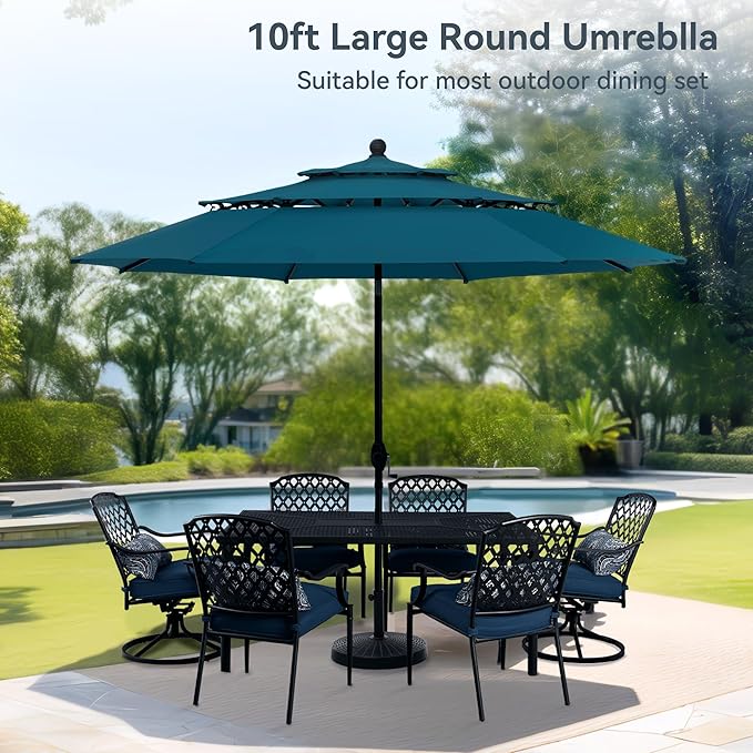 PHI VILLA 10ft Outdoor Patio Umbrellas for Outside, 3 Tier Vented Market Table Umbrella Windproof for Backyard, Deck, Garden, 1.5" Pole, Cyan(No Base)