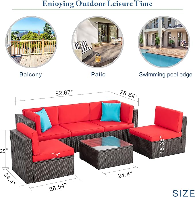 Vongrasig 6 Piece Small Patio Furniture Sets, Outdoor Sectional Sofa All Weather PE Wicker Patio Sofa Couch Garden Backyard Conversation Set with Glass Table,Red Cushions and Blue Pillows (Red)