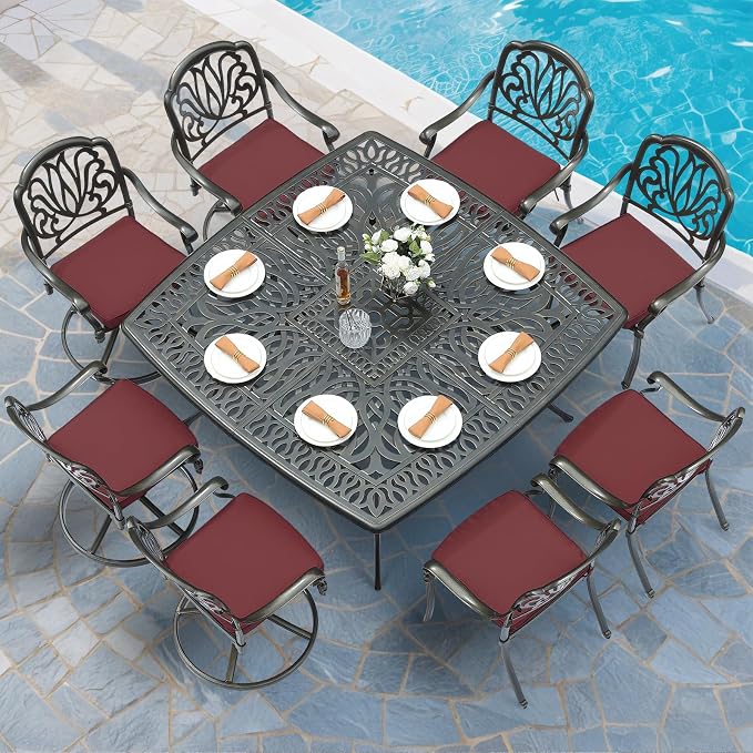 MEETWARM 9-Piece Outdoor Patio Dining Set for 8, All Weather Cast Aluminum Patio Funiture Table and Chairs Set- Large 64" Square Table and 4 Swivel Rocker Chairs, 4 Stationary, Umbrella Hole, Red