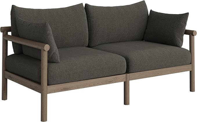 Modway Eleni 5-Piece Outdoor Teak Wood Patio Furniture Set in Weathered Gray Flint – Backyard Conversation Set with Loveseat, 2 Armchairs, Side Table, and Coffee Table
