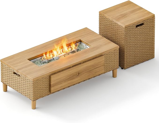 SUNSHINE VALLEY Patio Furniture Set with Firepit, Outdoor Conversation Sets with 10" Thick Cushions, 4 Pieces Yellow Rattan Wicker Sofa for Lawn Garden Deck