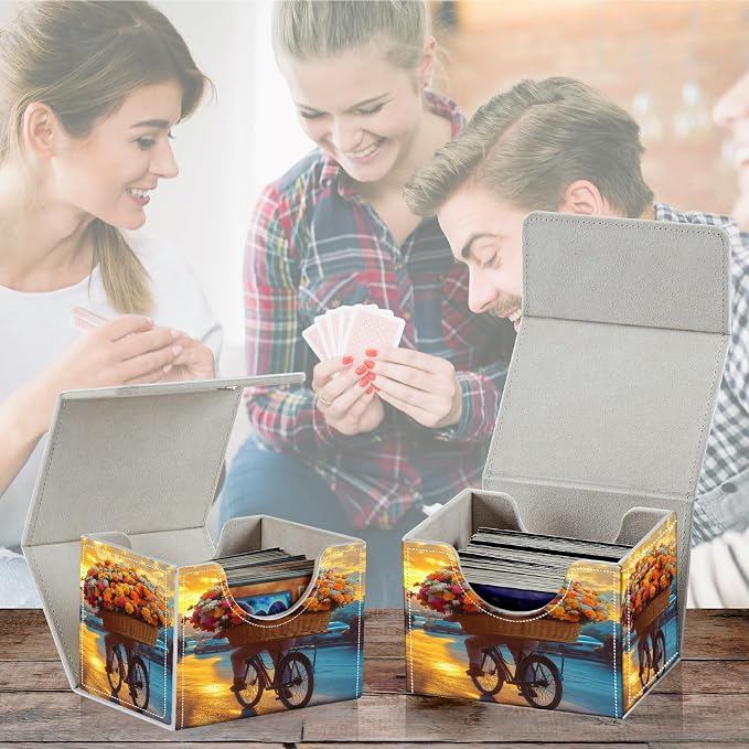 Card Deck Box for MTG, Cards Storage Box Fits 120+ Sleeved, Leather Small Size Strong Magnetic Closing Card Case for Board Games Magic TCG CCG Baseball Collection, Flower Bike