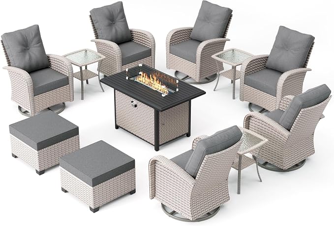12-Piece Patio Furniture Set, Outdoor Swivel Rocking Chairs Set with 55,000 BTU Fire Pit Table,All Weather Conversation Set for Porch Poolside Balcony