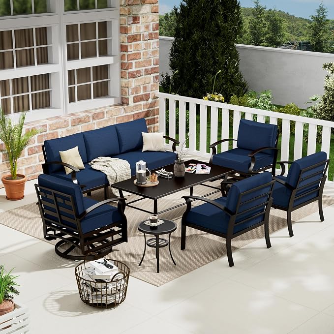 Aluminum Patio Furniture Set with Coffee Table,7 Seats Metal Modern Outdoor Furniture w/5.1" Thick Cushions, Sectional w/Swivel Chairs for Backyard,Navy