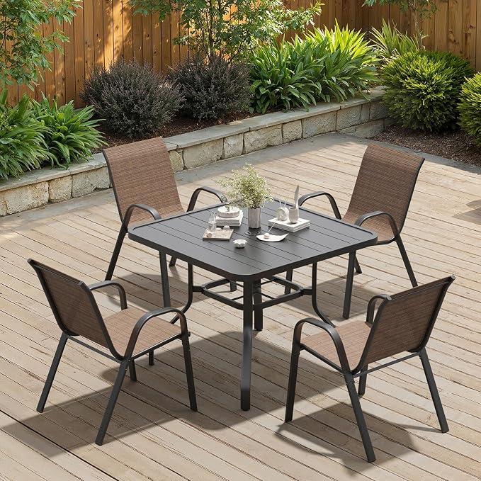 Soohow 5-Piece Outdoor Dining Set, Outdoor Patio Table and Chairs Set, 4 x Stackable Chairs & 1 x Outdoor Table with Umbrella Hole, All-Weather Patio Dining Sets for Poolside, Backyard and Porch