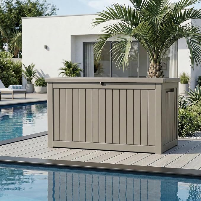 Vixzen 280 Gallon Outdoor Storage Box Waterproof, Large Lockable Resin Deck Box with lid for Patio Furniture Cushions, Weatherproof Storage Boxes for Garden Tools & Pool Accessories(Grey, 280 Gallon)