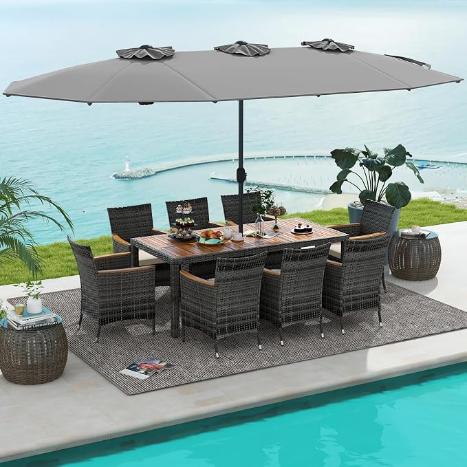 Tangkula 10 Pieces Patio Wicker Dining Set w/Double-Sided Patio Umbrella, Outdoor Acacia Wood Furniture Set w/ 8 Armchairs, Dining Table & 15 ft Umbrella with Weighted Base (Gray)