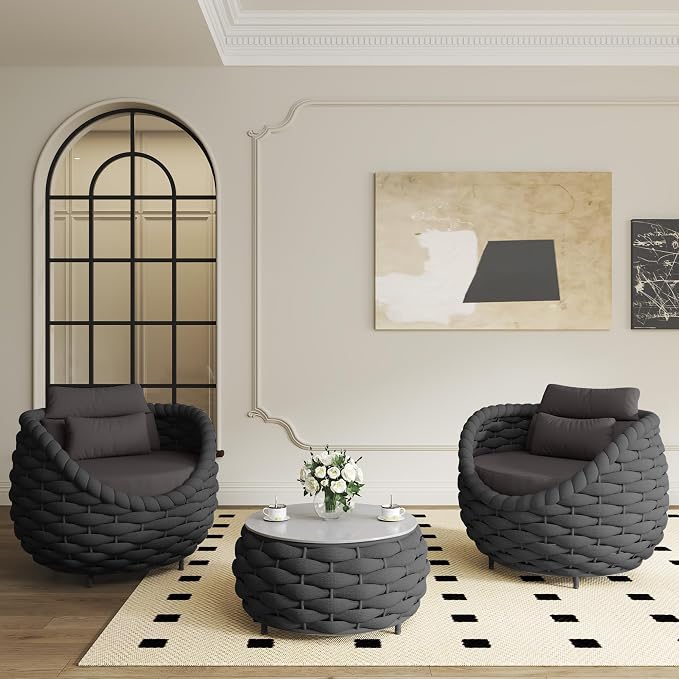 TWT Outdoor Patio Furniture Set-5 Pieces Aluminum Sectional Sofa, Metal Patio Conversation Set with Threeseat & Armchair, Textile Rope and Coffee Table, Dark Grey
