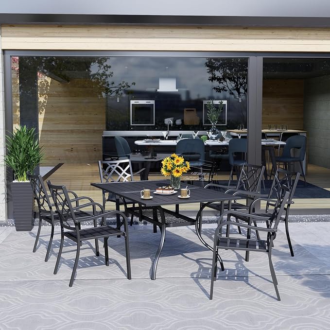 Oakcloud 7-Piece Patio Dining Set with Brown Umbrella, Outdoor Metal Furniture Dining Table Set 6 Stackable Patio Dining Chairs and Rectangle Dining Table with Umbrella Hole