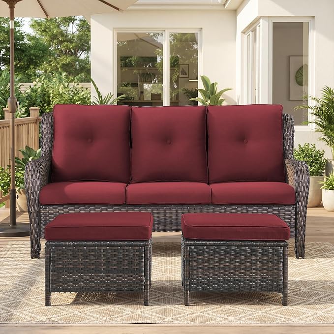 Belord 3-Piece PE Wicker Outdoor Sofa with 2 Ottomans, Luxury Patio Couch Convertible to Chaise Lounge, All-Weather High Back Deep Seat Woven Furniture for Deck, Porch - Brown/Red