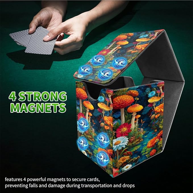Mushroom Red Flower Card Deck Box for MTG, Personalized Card Storage Case Fits 120+ Sleeved Cards, Premium Leather TCG Box with Strong Magnetic Closure for Magic, CCG, PTCG, Baseball Cards