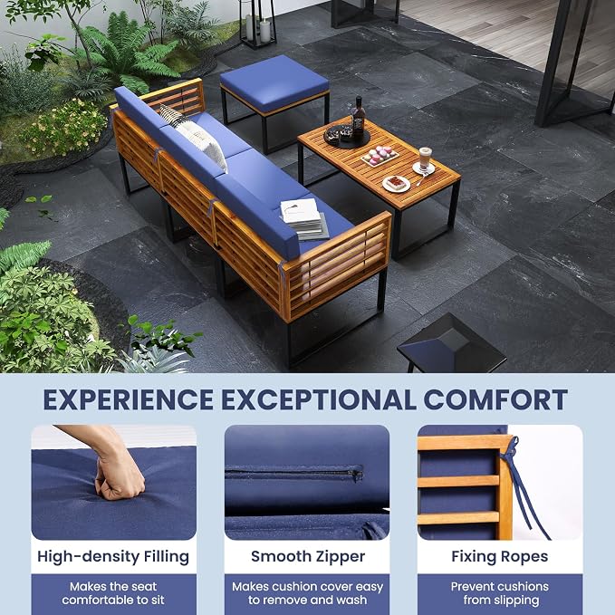 Tangkula 5 Pieces Patio Conversation Set, Acacia Wood Chair Set with Ottoman & Coffee Table, Comfy Seat & Back Cushions, Outdoor Wood Furniture Set for Backyard, Poolside, Garden