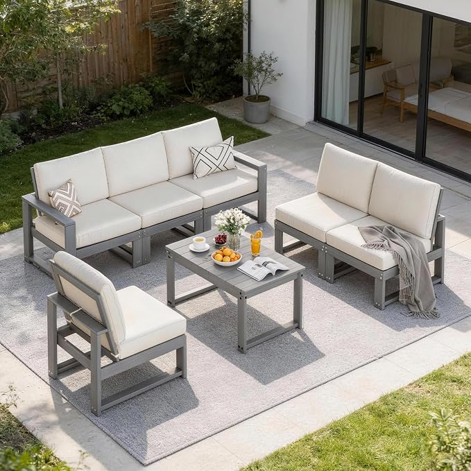 Outdoor Furniture, 7-Piece Patio Furniture Set with Cushions,HDPE Outdoor Couch Sets 6 Seats, L Shaped Patio Sectional Sofas for Porch, Backyard, Deck, Grey