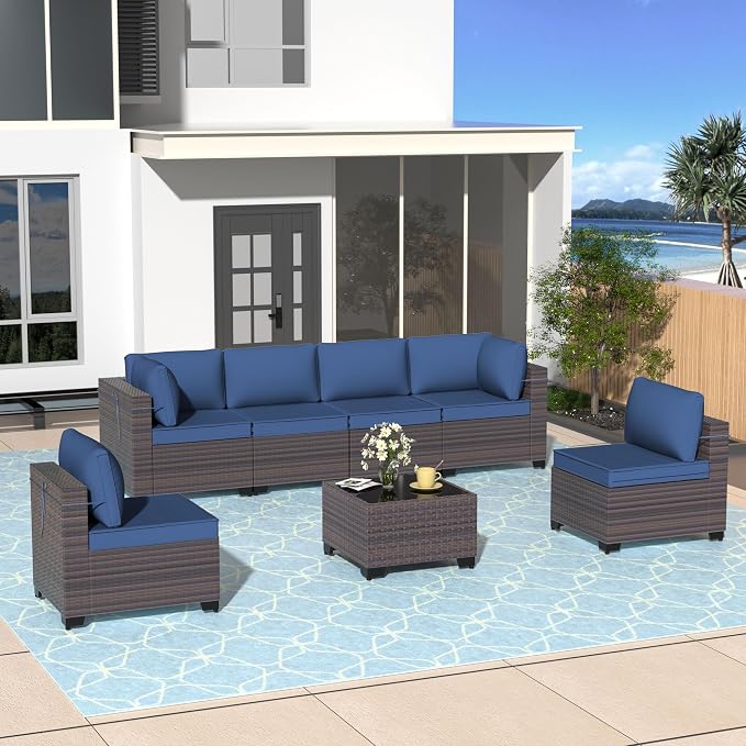 Patio Furniture Set 7 Pieces Outdoor Sectional Sofa Set,All Weather Wicker Patio Sofa PE Rattan Patio Conversation Set w/Cushions and Glass Coffee Table,NavyBlue