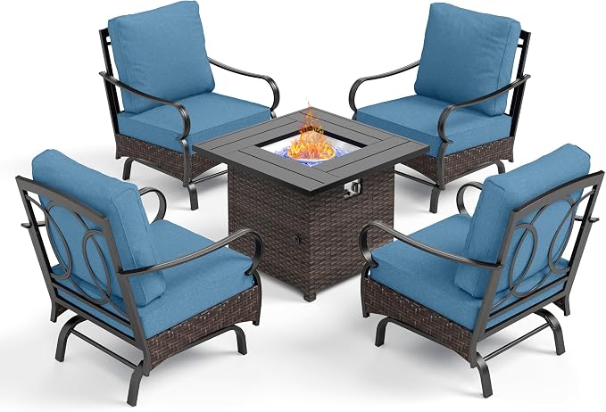 Patio Furniture Set with 32" Fire Pit Table, Patio Conversation Sets 4 Rocking Chairs with Thick Cushion and 50000 BTU Fire Pit Table (5 Pieces,Navy