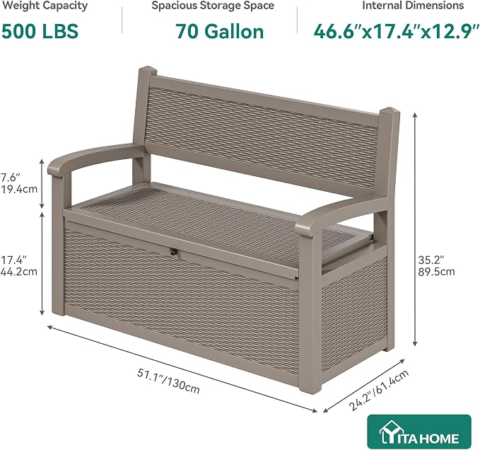 YITAHOME 70 Gallon Deck Bench with Storage, Outdoor Storage Box Bench with Armrests for Patio Garden Pool Porch, Waterproof&Lockable, Light Brown