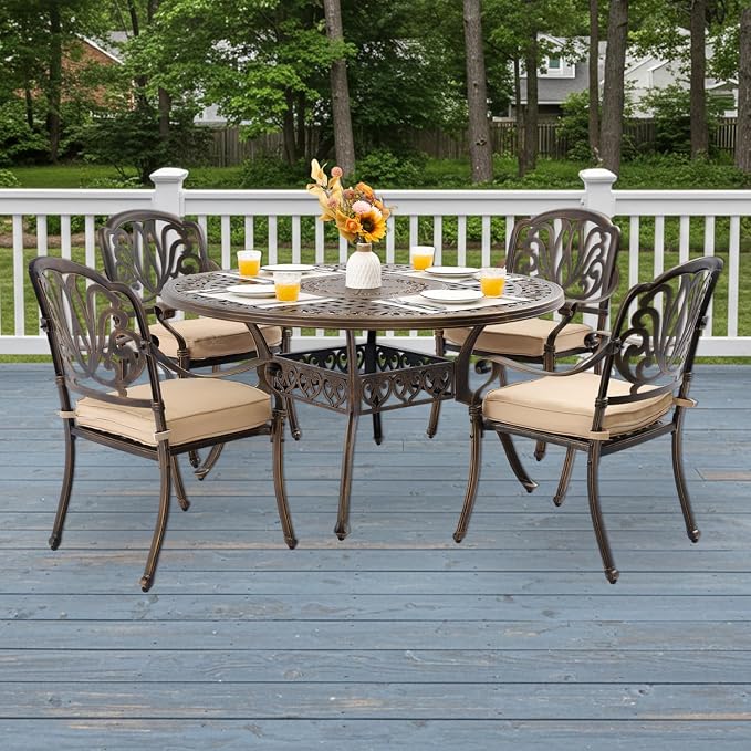 5-Pcs Cast Aluminum Patio Dining Set for 4, 54" Round Table,Bronze | Outdoor Furniture Set Include Dining Table and 4 Stackable Chairs with Cushions & Umbrella Hole