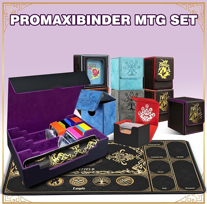 PROMAXIBINDER MTG Commander Deck Case with Playmat, B-Row Trading Card Storage Box Fits 3000+ Cards, 6 Movable Partitions 24 Dividers PU Leather Magnetic Closure, Magic/TCG/YuGiOh/Sport (Black&Purple)
