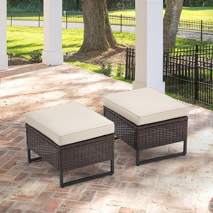 AVAWING Outdoor Wide Wicker Ottomans Set of 2, All-Weather Rattan Ottoman Seat for Garden, Backyard and Balcony, Patio Footstool with Removable Cushions, Beige 18.5" D x 22" W x 17" H