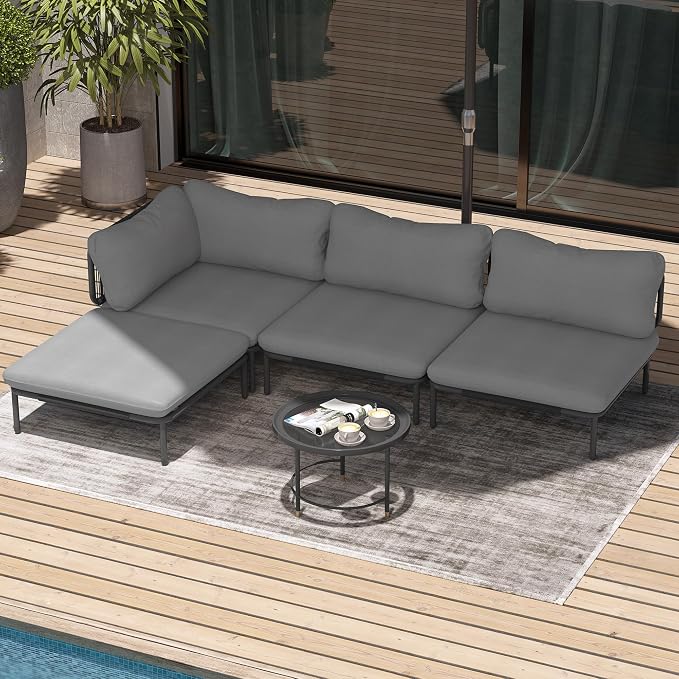 Patio Furniture Set, Outdoor Patio Furniture Oversized Metal Single Sofa, 4-seat Conversation Set with Cushion for Indoor and Outdoor, Black Frame and Dark Grey Mat (4 Seats 4 Armrests)