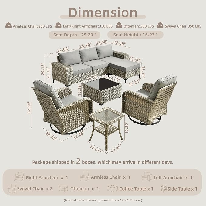 Outdoor Sectional Patio Furniture Set with Rocker Chairs,7 Pieces Wicker Conversation Sets L Shaped Couch,Extra Deep Out Door Sofa Outside Furniture,Dark Gray