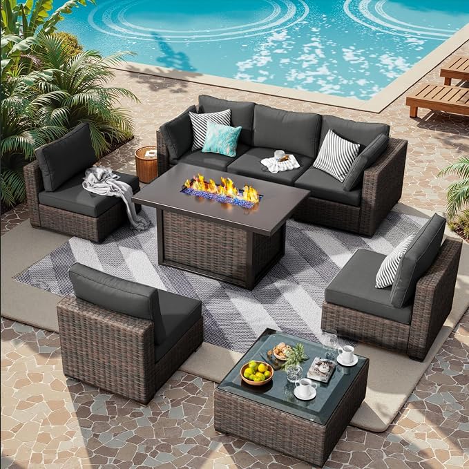 8 Piece Patio Furniture Set with Fire Pit Table, Outdoor Sectional Sofa PE Rattan, Patio Conversation Sets with Cushions for Garden Lawn Balcony Porch Deck Black
