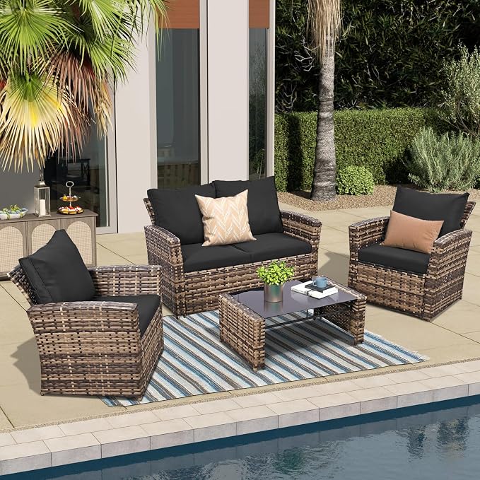 FHFO 4 Piece Outdoor Wicker Patio Furniture Set, Yellow/Black | Sectional Sofa | All-Weather Hand-Woven Rattan | Tempered Glass Coffee Table | Durable Fabric | Indoor & Outdoor Use