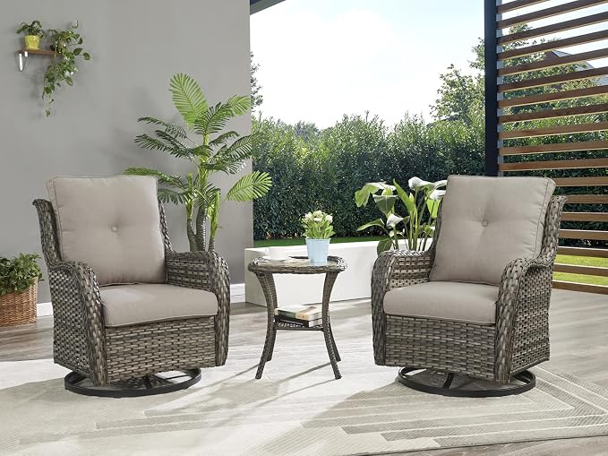 Rilyson Wicker Rocking Chair Swivel Chairs – 6 Piece Rocker Patio Furniture Set Rattan Rocking Bistro Sets with Glass Top Side Table for Outdoor Porch Deck Garden Backyard(Mixed Grey/Grey)