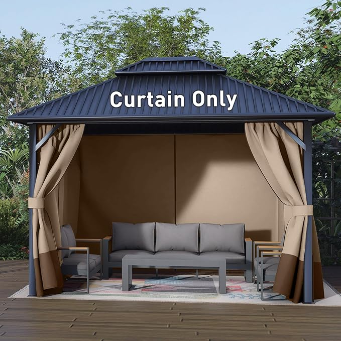 Aoodor 10x12 ft Outdoor Gazebo Curtains, 4 Panels Waterproof Privacy Sidewall Replacement with Zipper for Patio Pergola and Canopy, Sand Yellow and Brown