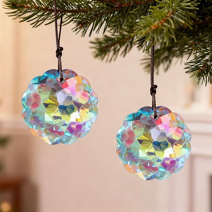 Set 2 Colorful Crystal Suncatcher Prisms Rainbow Sun Catcher Indoor Window | 45mm,Datura Shaped,Rainbow Maker,Hanging Crystals,Beads For Suncatcher,Glass Ornaments For Home Garden Tree,Gift For Sister