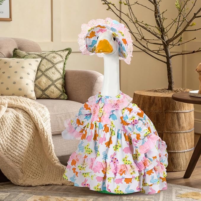 Soulchen 1 Set Easter Porch Goose Outfit 23 Inch Rabbit and Eggs Cement Goose Clothes Dress and Hat Costume Set for Easter Spring Holiday Garden Yard Decor