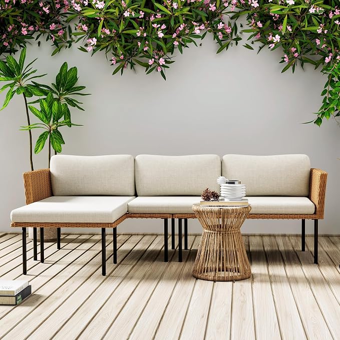 DECMICO 3-Piece Patio Furniture Set, L-Shaped Outdoor Sectional Sofa with Thick Cushions, All-Weather Rattan Conversation Set, Boho Style Detachable 3-Seater Lounger (Beige)
