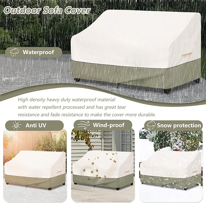 Bitubi Waterproof Patio Sofa Cover, Heavy Duty 3-Seater Outdoor Couch Cover Size Up to 79W x 38D x 35H Inches, Lawn Patio Furniture Covers with Air Vent (Beige)