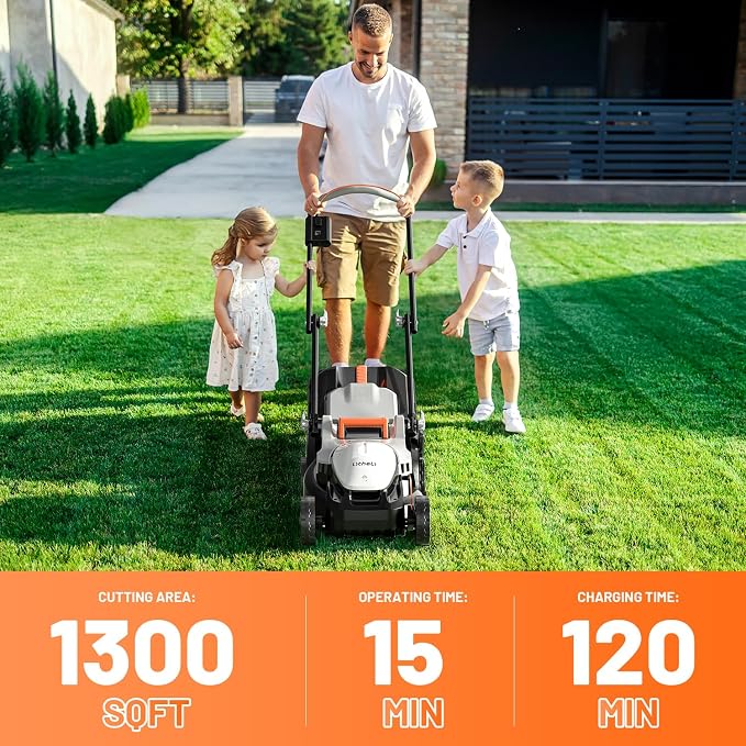 Litheli Electric Lawn Mower Cordless,Grass Cutter Machine for 1300 Sq.Ft. Lawnmower with Motor,13 in Cutting Width,8 Gallon Capacity,Cutting Height from 1 to 2.5 in 4.0 Battery