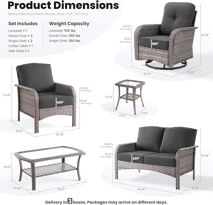 ovios 7-Piece Patio Furniture Set, Outdoor Wicker Sofa with Swivel Chairs Coffee Table, High Back Rattan Couch Loveseat with Comfy Cushions for Porch Yard Deck, Black