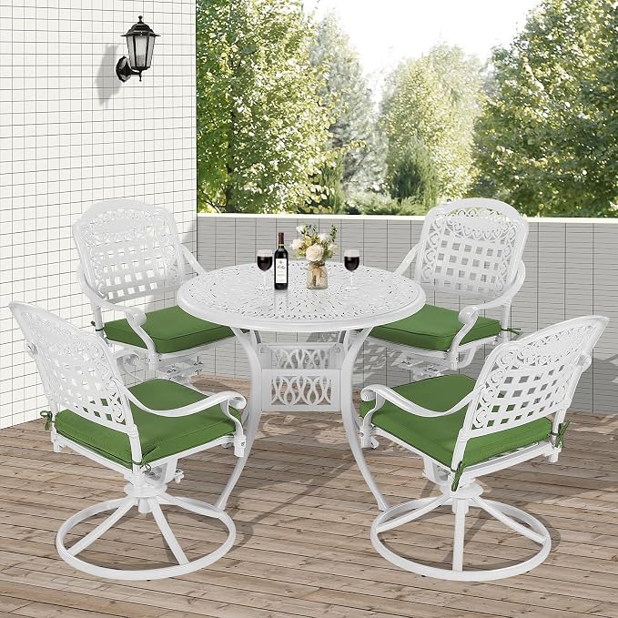 VIVIJASON 5-Piece Outdoor Patio Dining Set, All-Weather Cast Aluminum Conversation Set, Patio Furniture Set for Backyard, Include 4 Swivel Rocker Chairs, a 35.4" Round Table w/Umbrella Hole, White