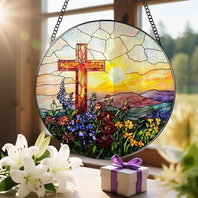 8 Inch Cross Sunset Suncatchers for Windows Hanging, Indoor Decor 8 Inch, Stained Glass Gift, Christian Gifts, Religious Gifts, Christian Cross, Christmas Jesus Gift, Window Decor