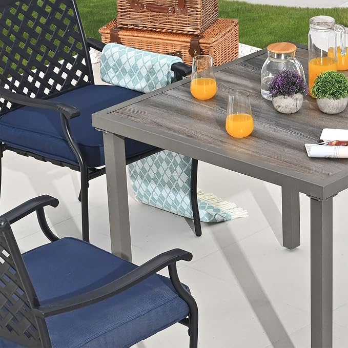 Patio Dining Set 5Pcs Outdoor Metal Furniture Dining Sets Wood Grain Suqare Table Chairs Set with Blue Cushion Galvanized Steel Frame