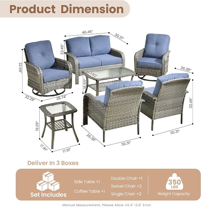 HOOOWOOO Patio Furniture Set,7 Pieces Outdoor Conversation Set,All Weather Wicker Loveseat Sofa Set with High Back Swivel Rocking Chairs Tables,Denim Blue