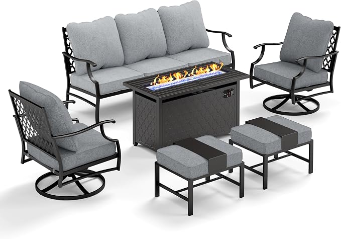MIXPATIO Patio Furniture Set, 6 Pcs Metal Outdoor Conversation Set, 2 Swivel Chairs, 2 Ottomans and 3 Seater Sofa with 5.75" Extra Thick Cushion and Gas Fire Pit Table, Grey