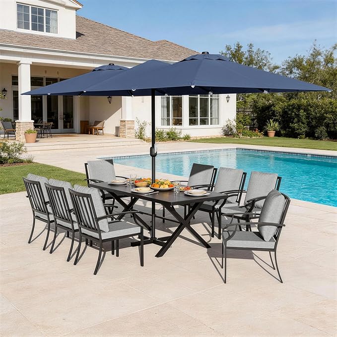 10-Pieces Patio Conversation Set,Metal Outdoor Furniture Set Includes 13.6FT Navy Umbrella,Hole Cut-Out 78.7" x 35.4" Table and 8 Metal Backrest Chairs for Backyard,Garden,Grey