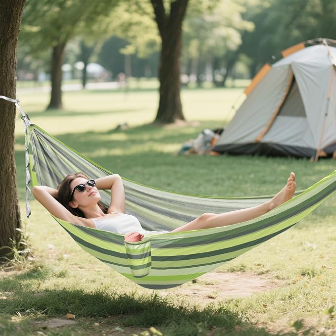 Camping Hammock Outdoor Hammocks for Outside Green Gray Stripe Beach Trees Portable Lightweight with Pockets Tree Straps Indoor
