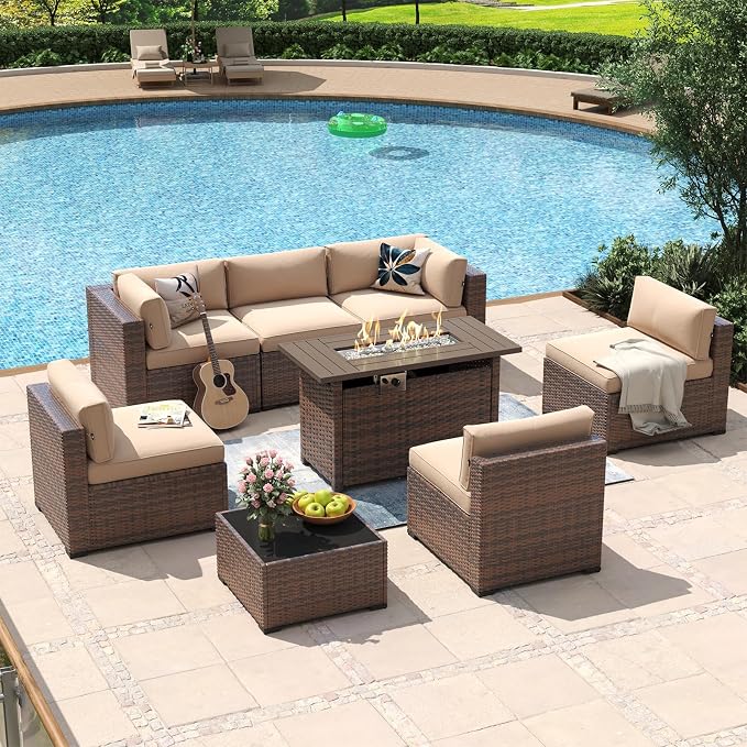 Aoxun 8 Piece Patio Furniture Set with 44” Fire Pit Table Wicker Rattan Outdoor Sectional Sofa Set with Coffee Table and Thickened Cushions, Beige