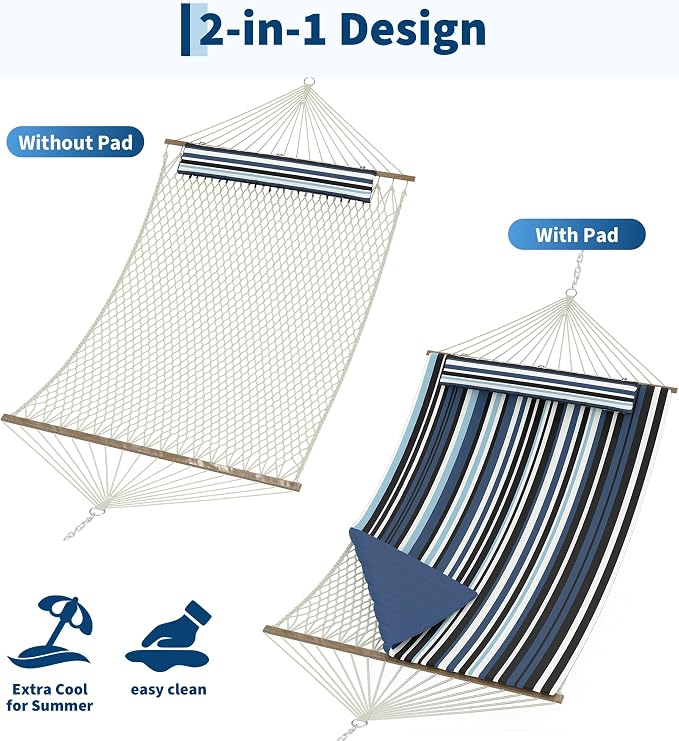 2 Person Outdoor Hammock with Stand - Cotton Rope & Polyester Pad - Adjustable Steel Frame - Relaxing Patio, Garden, Beach Lounger - Dark & Light Blue Stripes
