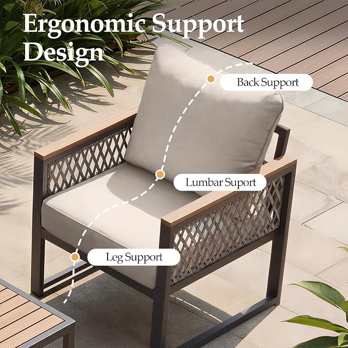 UPHA 7 Pieces Patio Furniture Set with 42" Propane Gas Fire Pit Table, Metal Outdoor Sectional Couch Set with Loveseat & 3-Seat Sofa, Modern Patio Conversation Set for Porch Balcony Deck, Beige